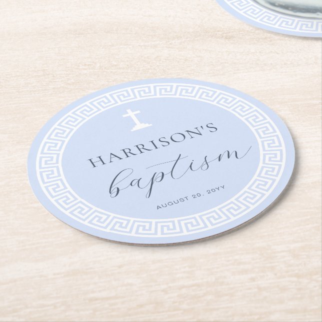 Posavasos Redondo De Papel Bautismo azul clave griega (En perspectiva)