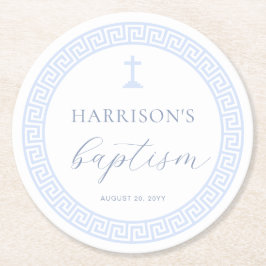 Posavasos Redondo De Papel Bautismo azul de la clave griega