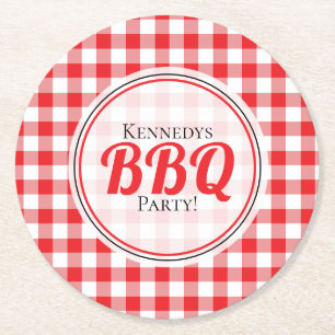 Posavasos Redondo De Papel BBQ de la familia del patrón de Gingham blanco ro