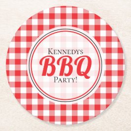 Posavasos Redondo De Papel BBQ de la familia del patrón de Gingham blanco roj