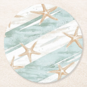 Posavasos Redondo De Papel Beach Aqua Mint Starfish Stripes Boda