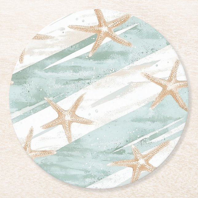 Posavasos Redondo De Papel Beach Aqua Mint Starfish Stripes Boda (Anverso)