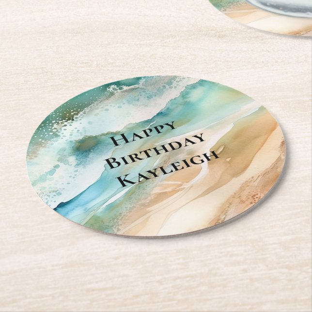 Posavasos Redondo De Papel Beach Cream Aqua Ocean Birday (En perspectiva)