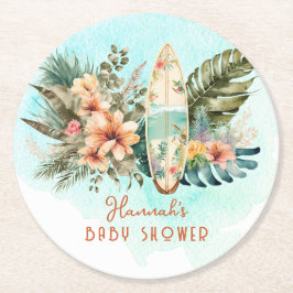 Posavasos Redondo De Papel Bebé a bordo Surf Tropical Neutral Baby Shower