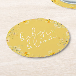 Posavasos Redondo De Papel Bebé Amarillo En El Baby Shower De Flor Floral Flo