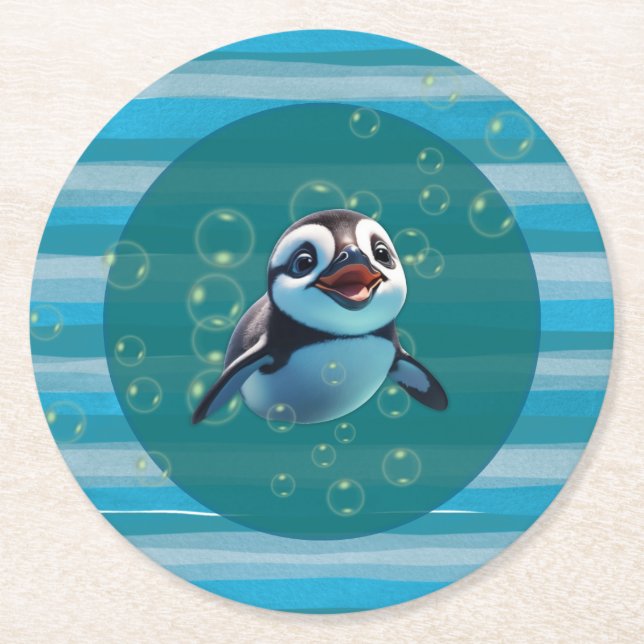 Posavasos Redondo De Papel Bebés de papel pingüino (Anverso)