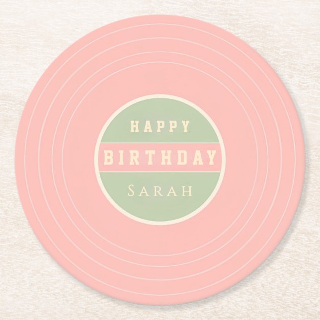 Posavasos Redondo De Papel Bebida de Cumpleaños con Nombre Personalizado (Anverso)