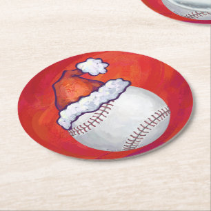 Posavasos Redondo De Papel Béisbol con Santa Hat en rojo