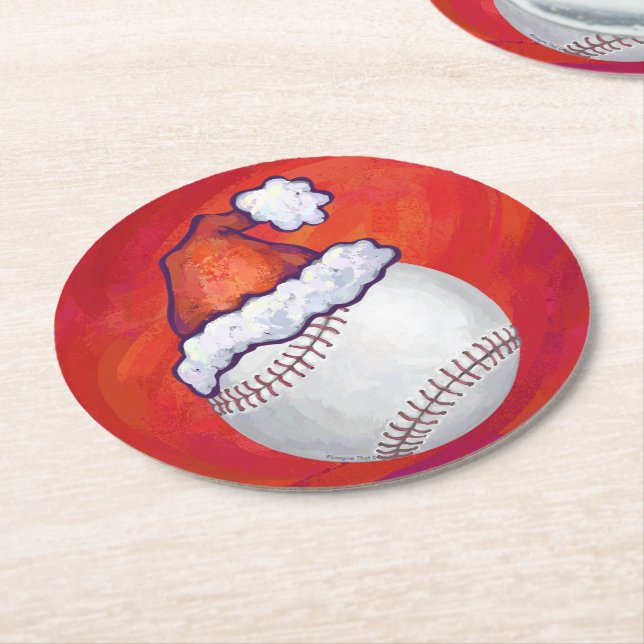 Posavasos Redondo De Papel Béisbol con Santa Hat en rojo (En perspectiva)