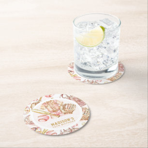 Posavasos Redondo De Papel Béisbol de cumpleaños Chica personalizado