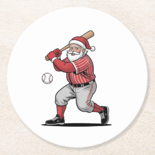 Posavasos Redondo De Papel Béisbol navideño en el deporte de Santa Claus