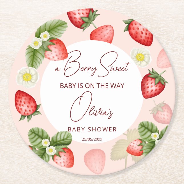 Posavasos Redondo De Papel Berry de fresa dulce de ducha de bebé favores (Anverso)