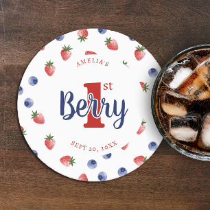 Posavasos Redondo De Papel Berry First Birday Party Strawberry & Blueberry