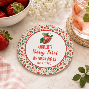 Posavasos Redondo De Papel Berry First Strawberry Chica primer Fiesta de cump
