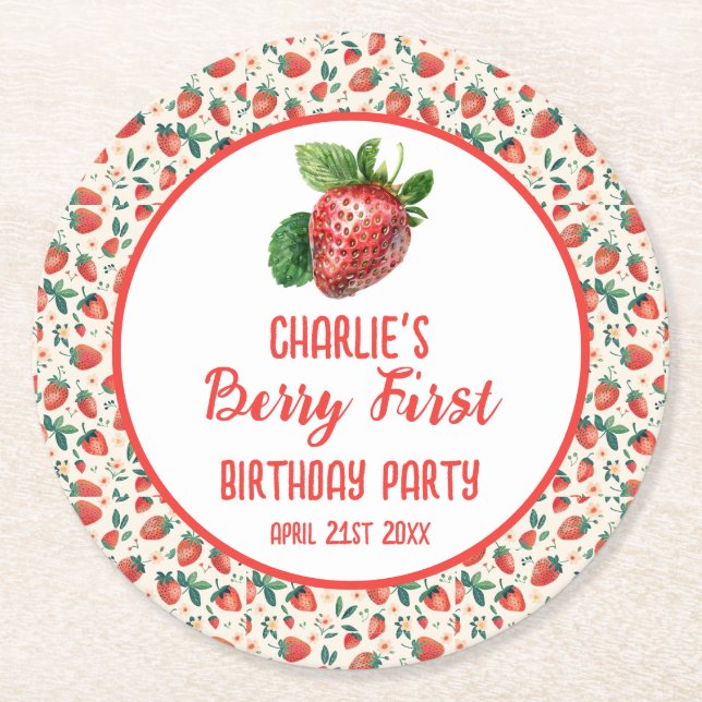 Posavasos Redondo De Papel Berry First Strawberry Chica primer Fiesta de cump (Anverso)