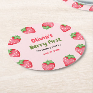 Posavasos Redondo De Papel Berry primer cumpleaños fresa primer cumpleaños