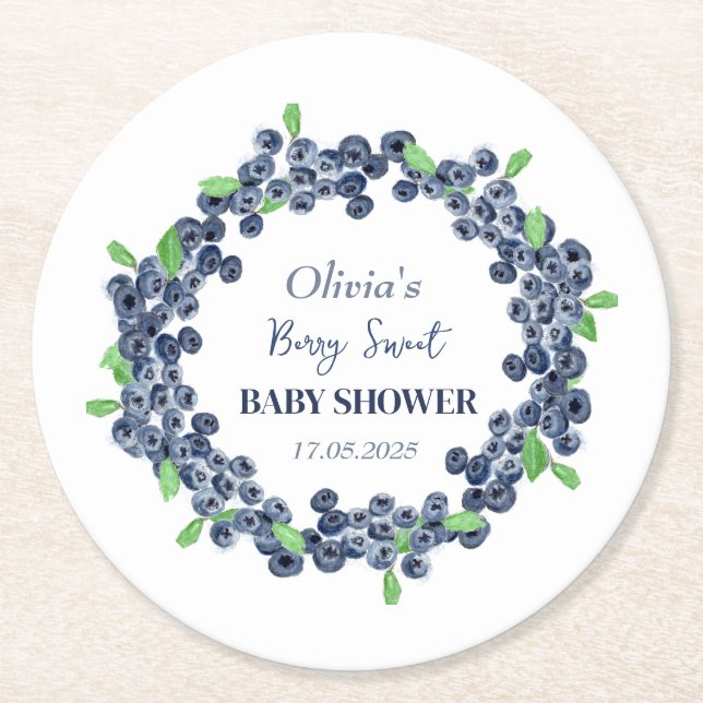 Posavasos Redondo De Papel Berry Sweet Baby Shower Blueberry Baby Boy (Anverso)