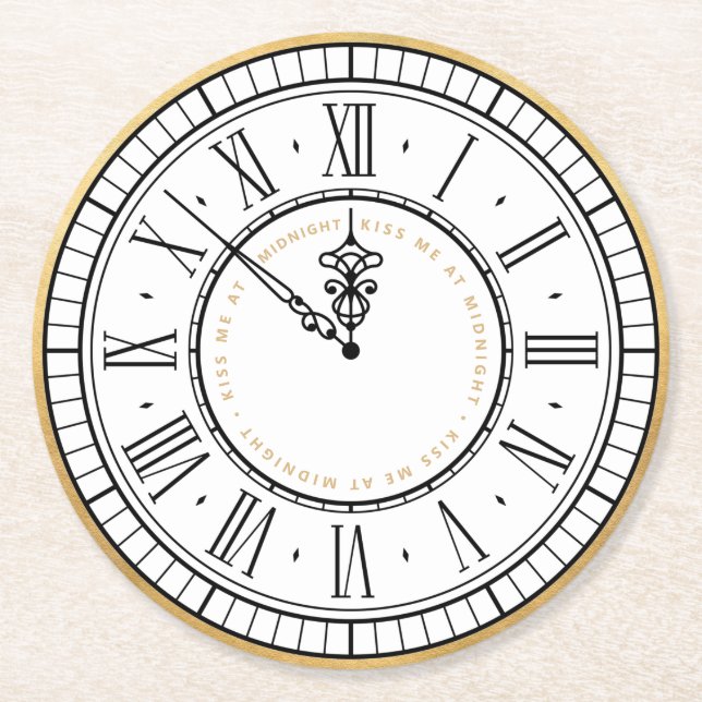 Posavasos Redondo De Papel Bésame a la medianoche del reloj de Año Nuevo (Anverso)