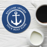 Posavasos Redondo De Papel Bienvenida a bordo de barco Nombre Marina Anchor R<br><div class="desc">Una elegante montaña rusa de papel con temática náutica con bienvenida a bordo y tu nombre de barco personalizado u otro texto deseado. Cuenta con un ancla de mar diseñado por un personalizado con guarnecido de diamante. Viene de blanco sobre azul marino o cambia fácilmente el color básico para que...</div>