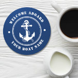 Posavasos Redondo De Papel Bienvenida A bordo Nombre De Barco Anchor Rope Nav<br><div class="desc">Una montaña rusa de papel con temática náutica con bienvenida a bordo y tu nombre de barco personalizado u otro texto deseado. Cuenta con un ancla y cuerda de barco diseñada por un personalizado. Viene de blanco sobre azul marino o cambia fácilmente el color básico para que coincida con la...</div>