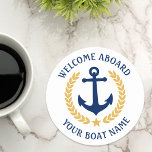 Posavasos Redondo De Papel Bienvenida a bordo Nombre del barco Anchor Laurel<br><div class="desc">Un elegante juego de galletitas de papel con temática náutica con bienvenida a bordo y tu nombre de barco personalizado, nombre de familia u otro texto deseado. Un ancla de barco de diseño personalizado con hojas de laurel de estilo dorado y una estrella en blanco o fácilmente personalizar el color...</div>
