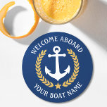 Posavasos Redondo De Papel Bienvenida a bordo Nombre del barco Anchor Marina<br><div class="desc">Un elegante juego de galletitas de papel con temática náutica con bienvenida a bordo y tu nombre de barco personalizado, nombre de familia u otro texto deseado. Cuenta con un ancla de barco diseñado por personalizados con hojas de laurel de estilo dorado y una estrella en azul marino clásico o...</div>