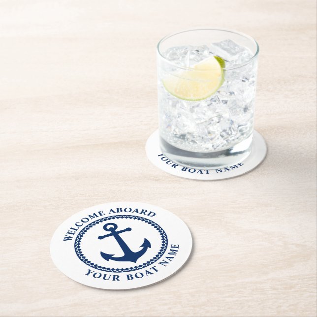 Posavasos Redondo De Papel Bienvenida a bordo Nombre del barco Ancla del mar  (In situ)