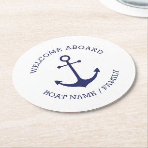 Posavasos Redondo De Papel Bienvenida personalizado Aboard ancla náutica mar