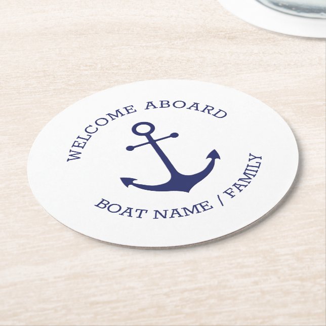 Posavasos Redondo De Papel Bienvenida personalizado Aboard ancla náutica mari (En perspectiva)
