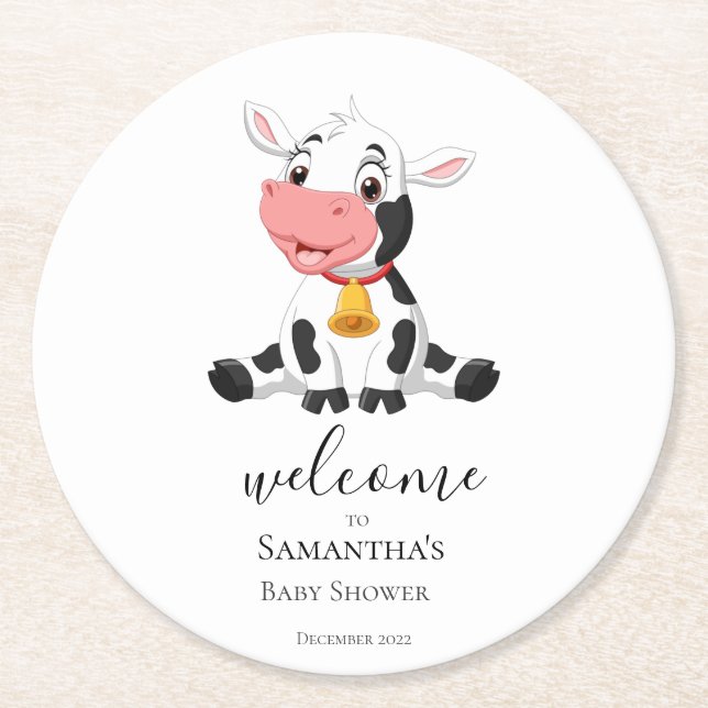 Posavasos Redondo De Papel Bienvenido Personalizado Cow Calf Baby Shower (Anverso)
