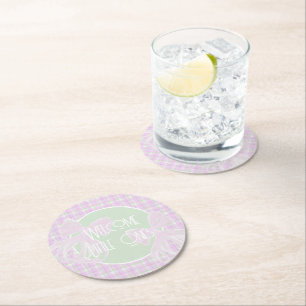 Posavasos Redondo De Papel Bienvenidos pequeños - cuadros rosados y lazos