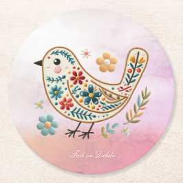 Posavasos Redondo De Papel Bird Floral Embroideric Papel Rosa