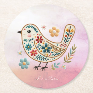 Posavasos Redondo De Papel Bird Floral Embroideric Papel Rosa