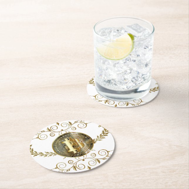 Posavasos Redondo De Papel Bitcoin Gold Coin Crypto Money White (In situ)