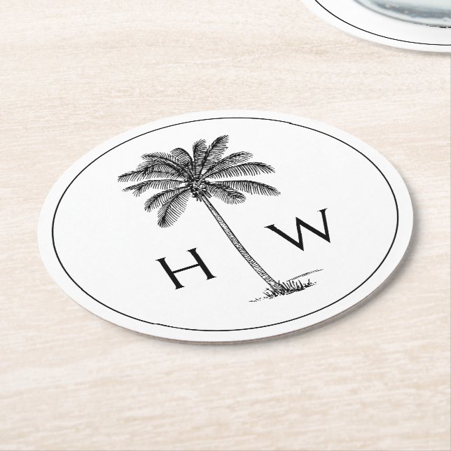 Posavasos Redondo De Papel Black and White Palm Palmetto Tree Monogram (En perspectiva)