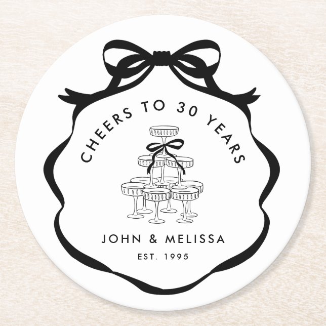 Posavasos Redondo De Papel Black Coquette Bow Cheers Champagne Tower (Anverso)