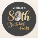 Posavasos Redondo De Papel Black Gold Foil Custom Photo 80th Birthday<br><div class="desc">Black Gold Foil Custom Photo 80th Birthday Round Paper Coaster. A perfect blend of modern sophistication and timeless elegance birthday party design with its sleek design and captivating faux foil accents in dazzling gold, this design sets the stage for a truly memorable celebration. The combination of sleek black and opulent...</div>