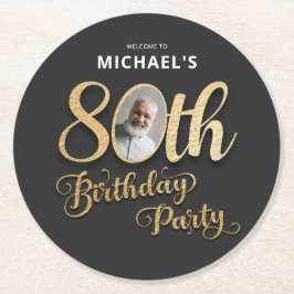 Posavasos Redondo De Papel Black Gold Foil Custom Photo 80th Birthday