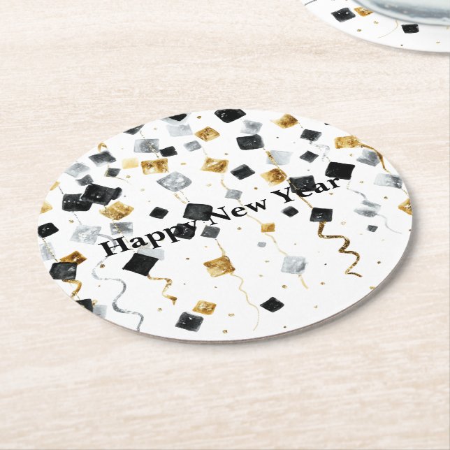 Posavasos Redondo De Papel Black Gold Happy New Year Confetti (En perspectiva)