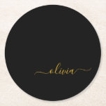 Posavasos Redondo De Papel Black Gold Modern Script Girly Monograma Nombre<br><div class="desc">Máster de papel de monograma con escritura simple en negro y oro. Esto hace que la graduación perfecta, el cumpleaños, el boda, la ducha de novia, el aniversario, la ducha de bebé o la fiesta de soltera sea un regalo para alguien que ama el lujo glam y los estilos de...</div>