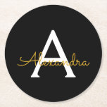 Posavasos Redondo De Papel Black Gold Modern Script Girly Monograma Nombre<br><div class="desc">Máster de papel de monograma con escritura simple en negro y oro. Esto hace que la graduación perfecta, el cumpleaños, el boda, la ducha de novia, el aniversario, la ducha de bebé o la fiesta de soltera sea un regalo para alguien que ama el lujo glam y los estilos de...</div>