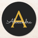 Posavasos Redondo De Papel Black Gold Modern Script Girly Monograma Nombre<br><div class="desc">Máster de papel de monograma con escritura simple en negro y oro. Esto hace que la graduación perfecta, el cumpleaños, el boda, la ducha de novia, el aniversario, la ducha de bebé o la fiesta de soltera sea un regalo para alguien que ama el lujo glam y los estilos de...</div>