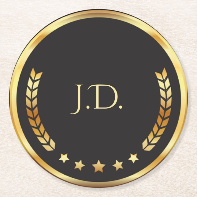 Posavasos Redondo De Papel Black & Gold Poker Night | Personalized Monogram (Anverso)
