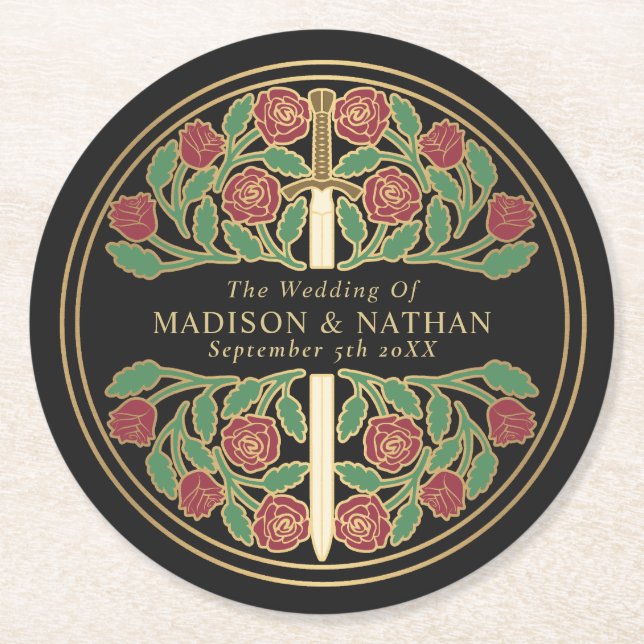 Posavasos Redondo De Papel Black Royal Medieval Gold Sword Wedding (Anverso)