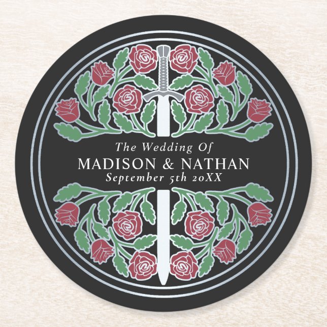 Posavasos Redondo De Papel Black Royal Medieval Silver Sword Wedding (Anverso)