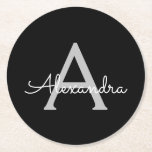 Posavasos Redondo De Papel Black Silver Modern Script Girly Monograma Nombre<br><div class="desc">Máster de papel de monograma con escritura simple en negro y plateado. Esto hace que la graduación perfecta, el cumpleaños, el boda, la ducha de novia, el aniversario, la ducha de bebé o la fiesta de soltera sea un regalo para alguien que ama el lujo glam y los estilos de...</div>