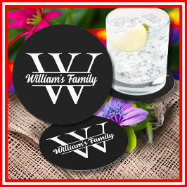 Posavasos Redondo De Papel Blanco y Negro | Monograma Simple de Apellido Fami