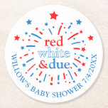 Posavasos Redondo De Papel Blancos rojos y caídas de papel de Baby Shower<br><div class="desc">Añada estas taras a la decoración de la ducha para bebés. ¡Celebra tu pequeño petardo con esta fiesta patriótica colección de duchas de bebé! Perfecto para una barbacoa en el patio o para una celebración de verano, este diseño cuenta con encantadores fuegos artificiales y una paleta clásica de color rojo,...</div>