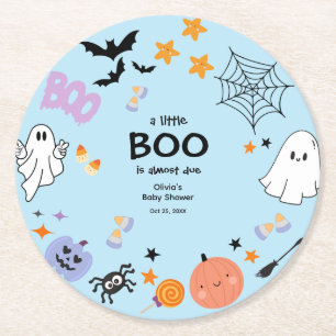 Posavasos Redondo De Papel Blue A Little Boo Cum Ghost Halloween Baby Shower