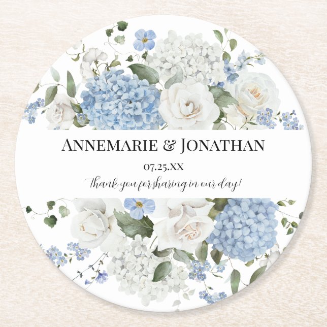 Posavasos Redondo De Papel Blue and White Hydrangeas and Roses Floral Wedding (Anverso)